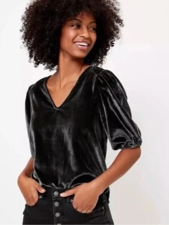 LOFT Tops - LOFT Velvet Blouse V-Neck Puff Sleeve Beautiful Elegant Charcoal. Medium